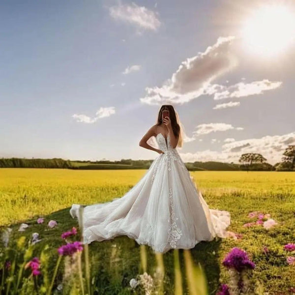 A Line Wedding Dress Deep V Neck De Novia Bridal Gown 2022 - Luxurious Weddings