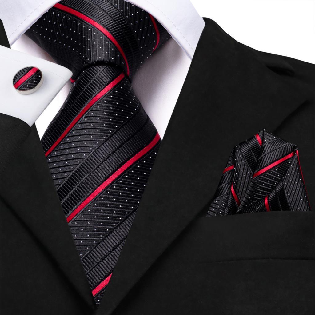 Black Red Striped Silk Wedding Tie For Men Handky Cufflink Gift Men Necktie Fashion Business Party Dropshiping Hi-Tie Designer - Luxurious Weddings