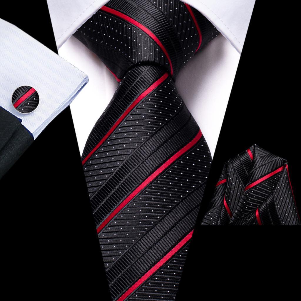 Black Red Striped Silk Wedding Tie For Men Handky Cufflink Gift Men Necktie Fashion Business Party Dropshiping Hi-Tie Designer - Luxurious Weddings