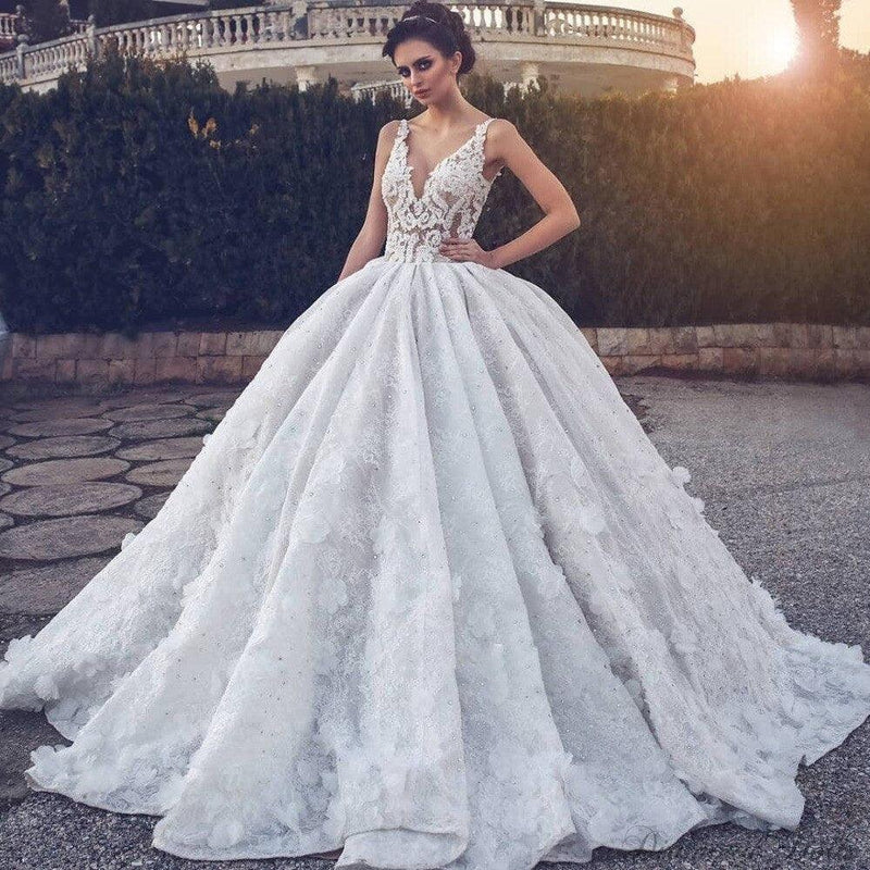 Crystal Ball Gown Wedding Dress V Neck - Luxurious Weddings