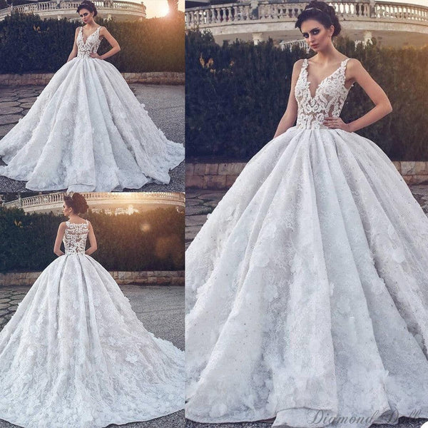 Crystal Ball Gown Wedding Dress V Neck - Luxurious Weddings