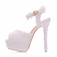 Crystal Queen White Lace Flower Wedding Shoes S - Luxurious Weddings