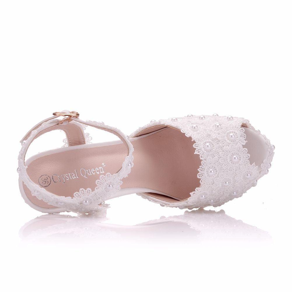 Crystal Queen White Lace Flower Wedding Shoes S - Luxurious Weddings