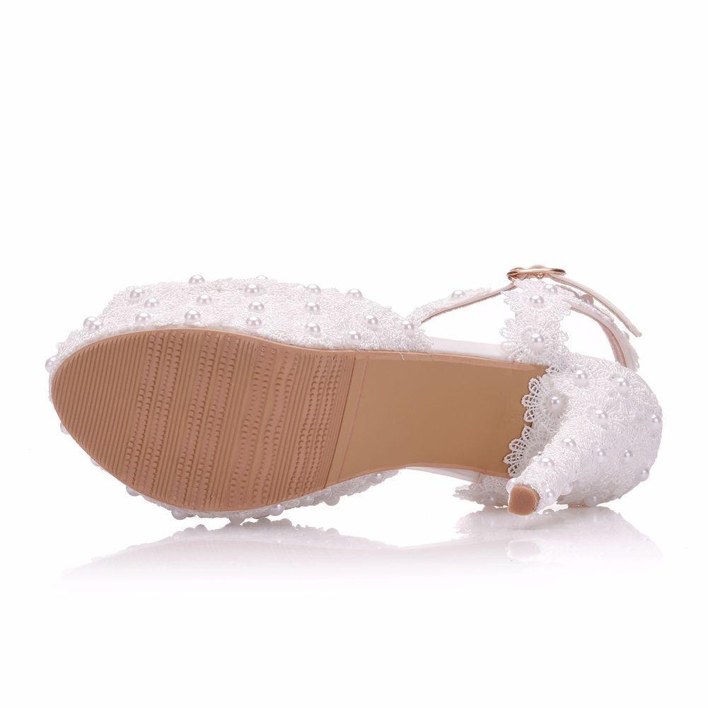 Crystal Queen White Lace Flower Wedding Shoes S - Luxurious Weddings