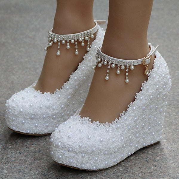 Crystal Queen White Wedge Lace Wedding Pumps - Luxurious Weddings