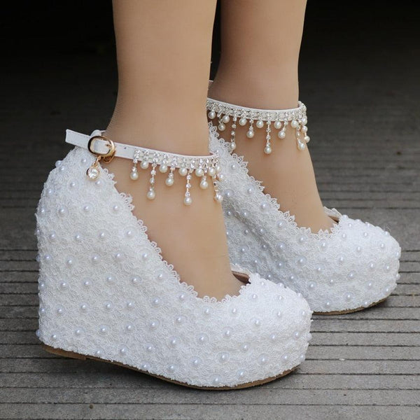 Crystal Queen White Wedge Lace Wedding Pumps - Luxurious Weddings