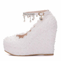 Crystal Queen White Wedge Lace Wedding Pumps - Luxurious Weddings
