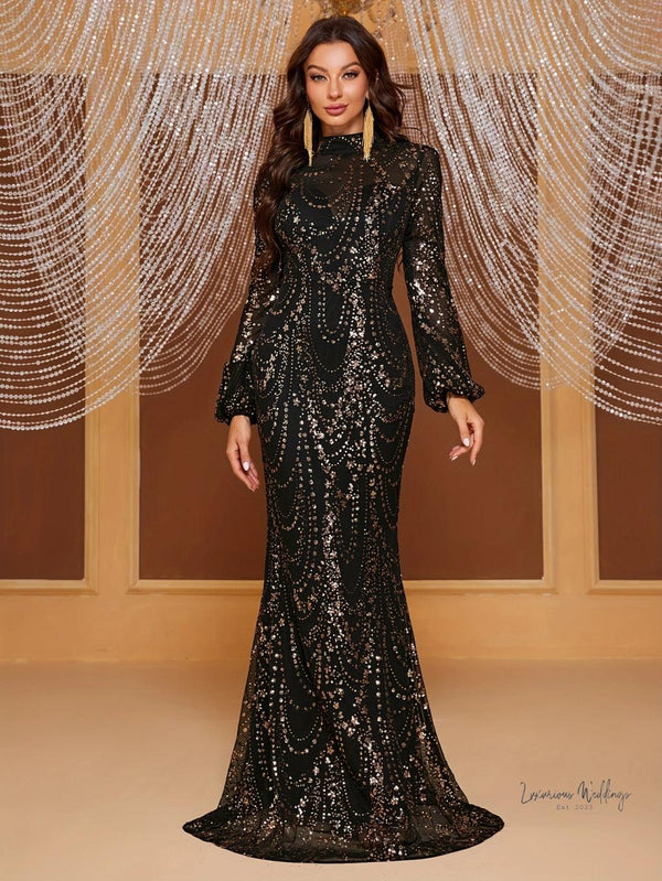 Elegant Sequined Bodycon Dress - Long Sleeve Mermaid Style - Luxurious Weddings