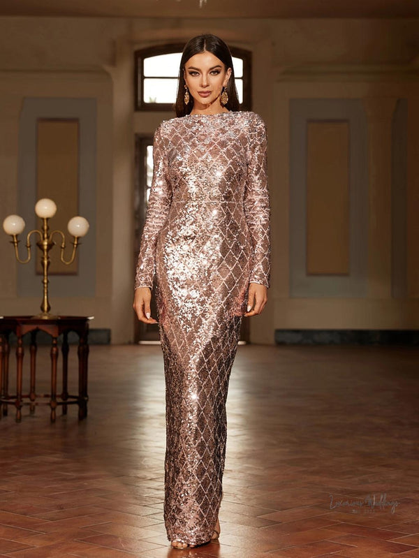 Elegant Sequined Evening Dress for Women - Long Sleeve Sheath, Perfect for Parties & Banquets - Luxurious Weddings