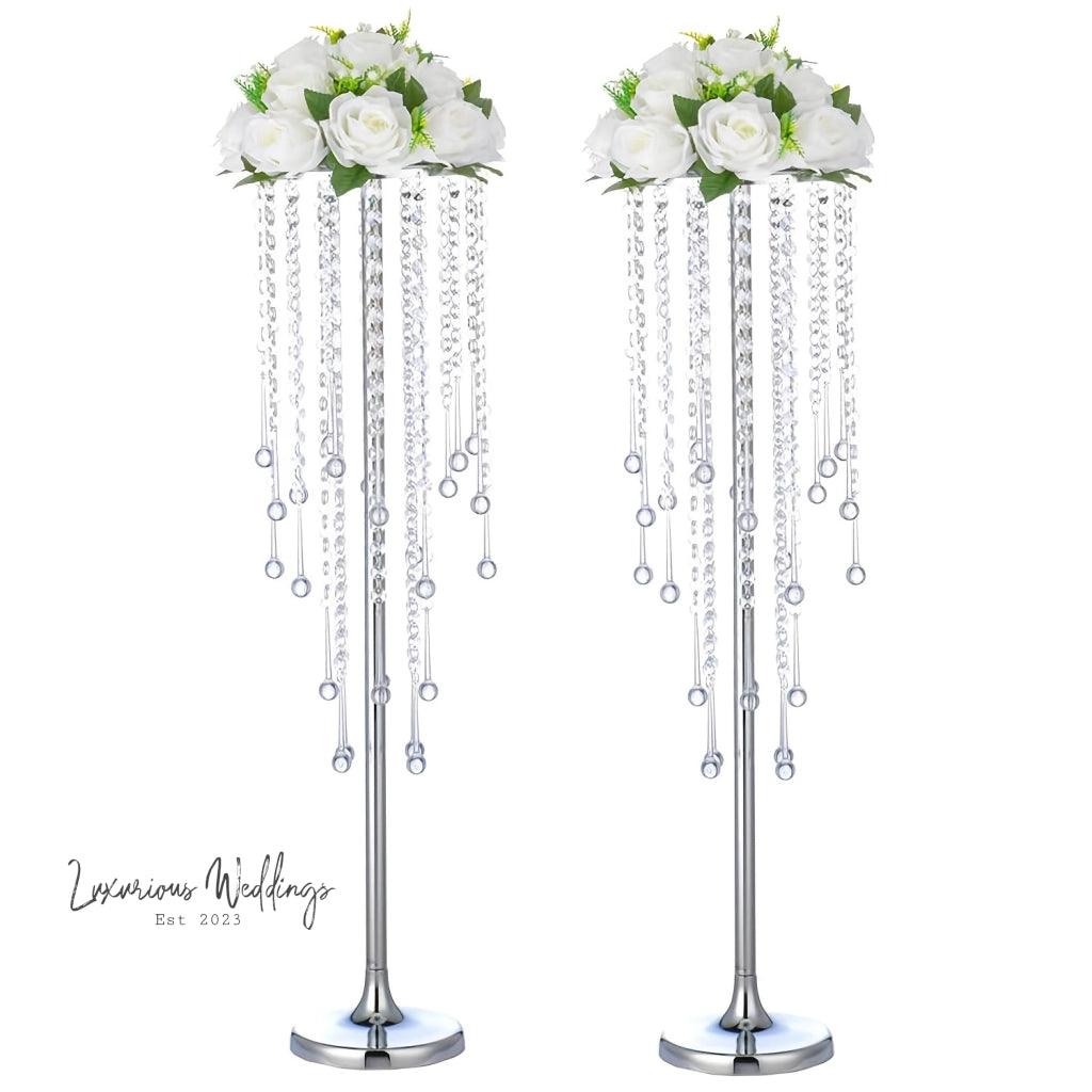 Flower Centerpieces for Wedding Tables - Elegant Metal Vases with Chandelier Crystal Beads - Luxurious Weddings