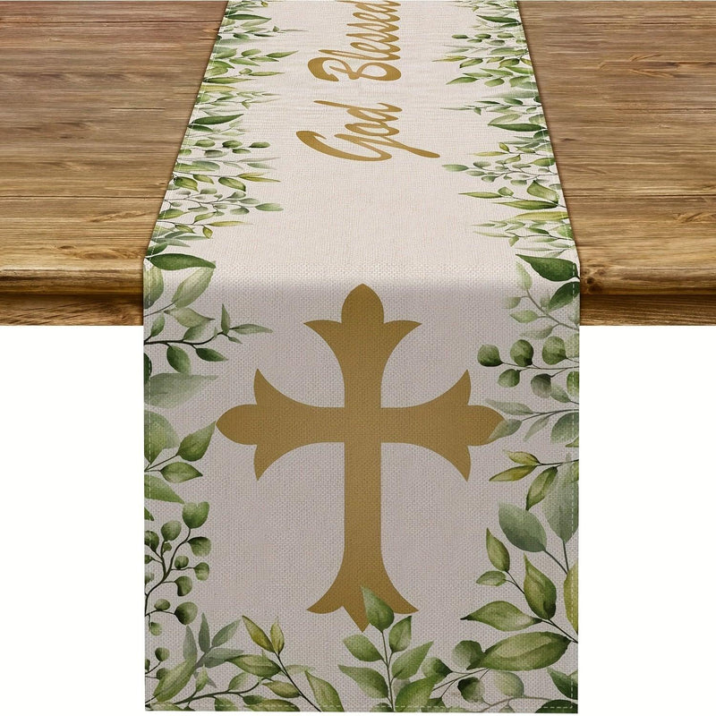 God Bless Theme Table Runner - Christian Cross Pattern Table Runner Luxurious Weddings