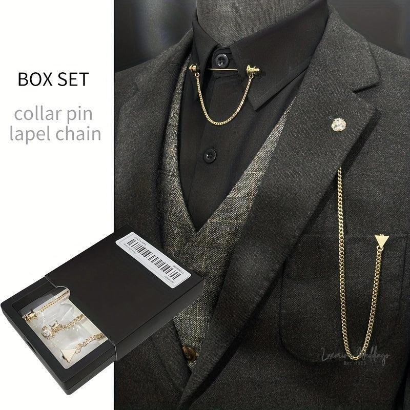 Gold Plated Collar Pin Set for Weddings and Special Occasions - Includes Lapel Chain - Luxurious Weddings