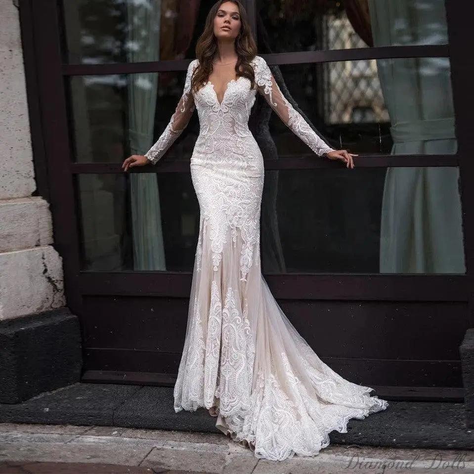 Gorgeous Long Sleeve Lace Mermaid Wedding Dress - Luxurious Weddings