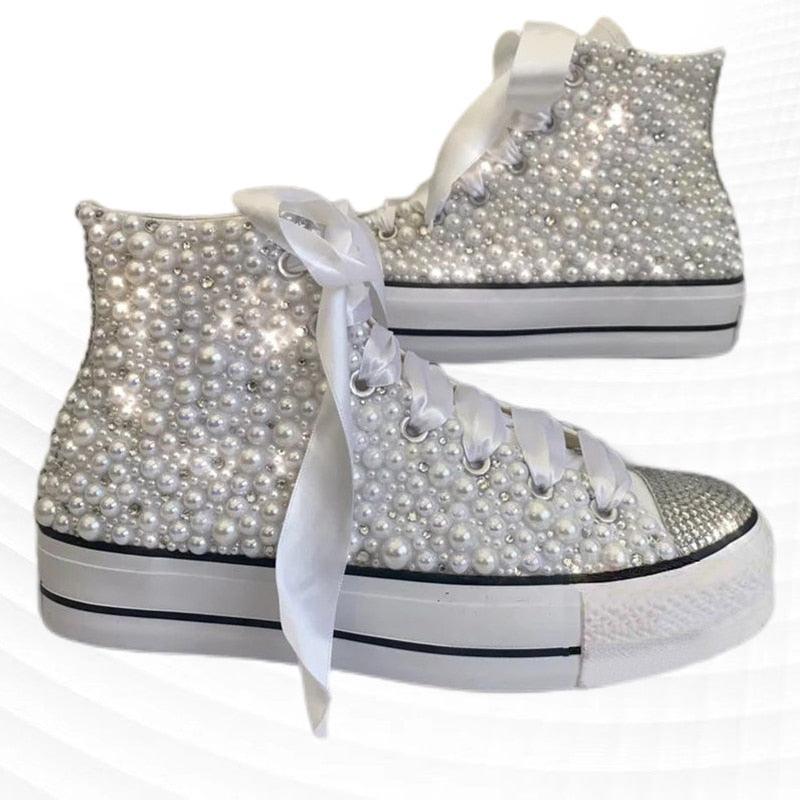 High Top White Ribbon Pearl Rhinestone Canvas Chucks - Luxurious Weddings