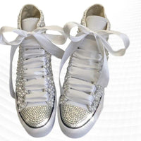 High Top White Ribbon Pearl Rhinestone Canvas Chucks - Luxurious Weddings