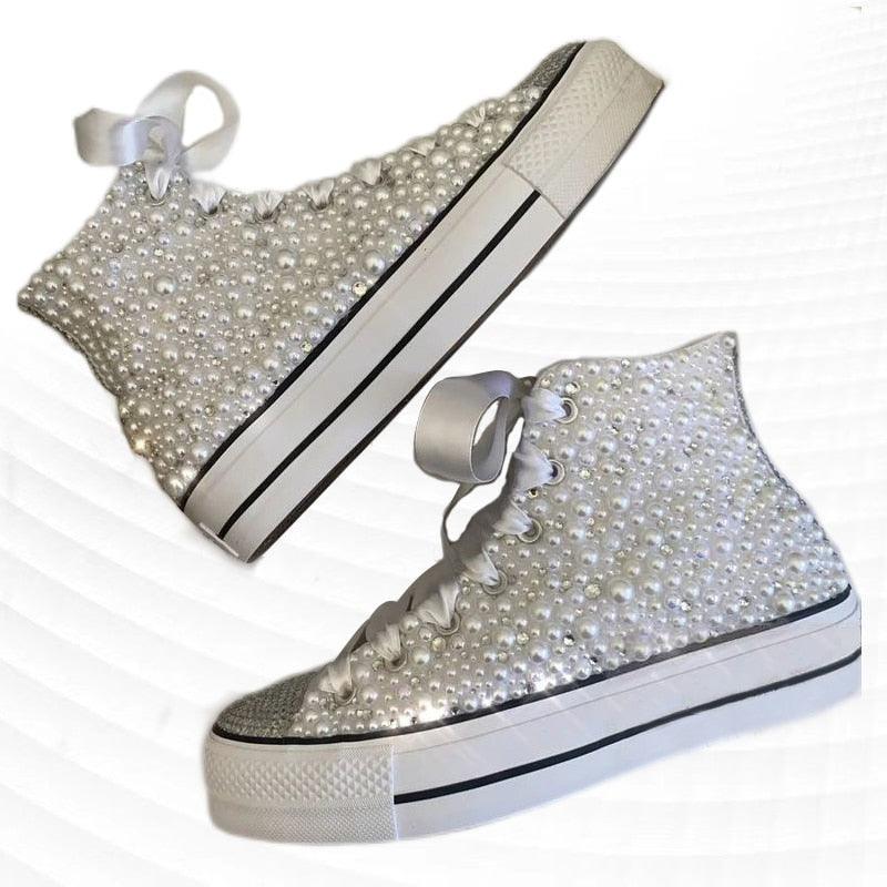 High Top White Ribbon Pearl Rhinestone Canvas Chucks - Luxurious Weddings