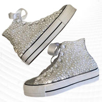 High Top White Ribbon Pearl Rhinestone Canvas Chucks - Luxurious Weddings