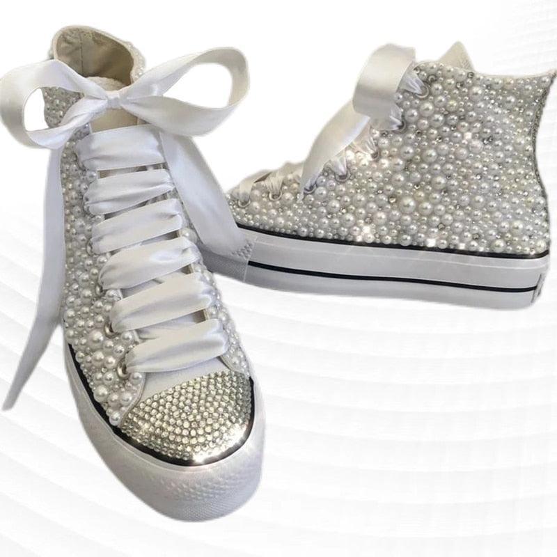 High Top White Ribbon Pearl Rhinestone Canvas Chucks - Luxurious Weddings