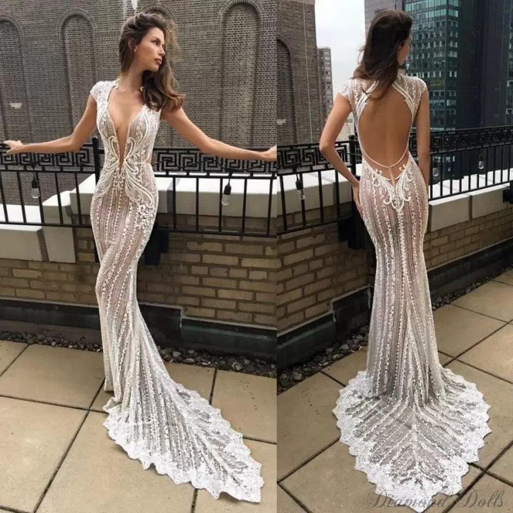 Illusion Mermaid Wedding Dresses Deep V Neck Lace - Luxurious Weddings