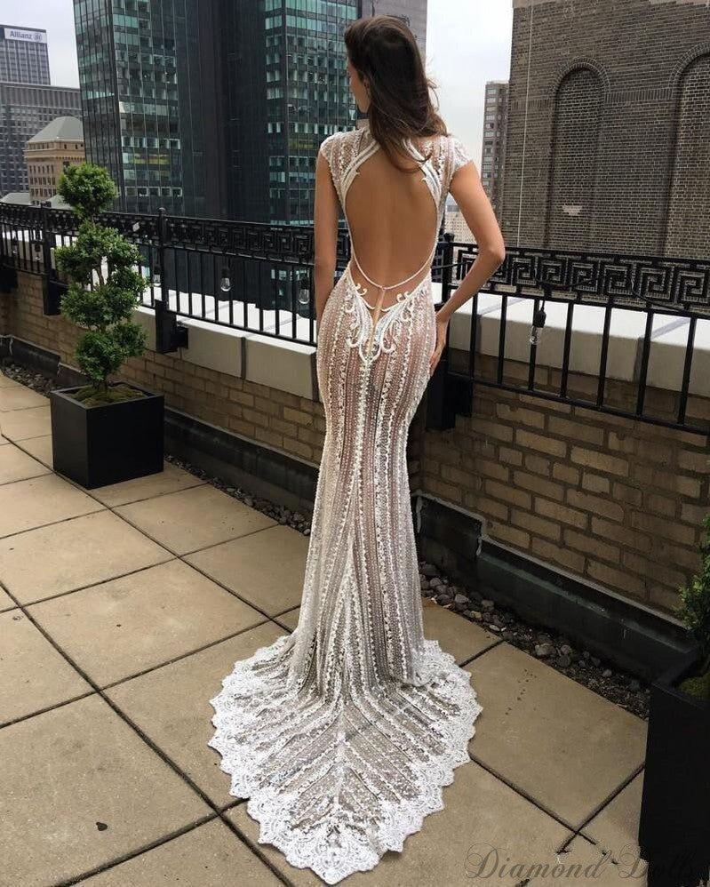 Illusion Mermaid Wedding Dresses Deep V Neck Lace - Luxurious Weddings