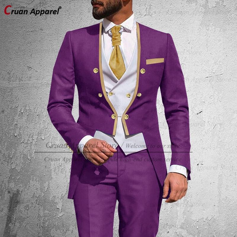 a man wearing a purple suit and gold tie