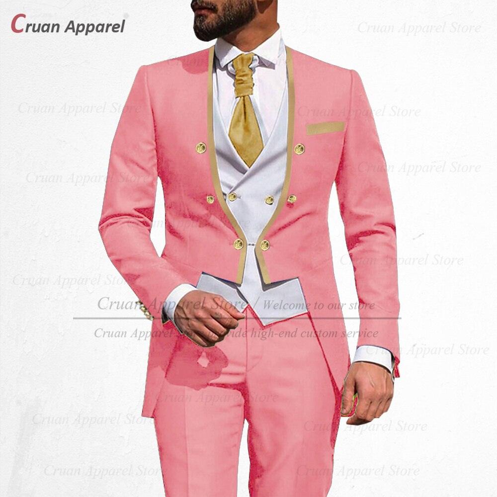 a man in a pink suit and gold tie