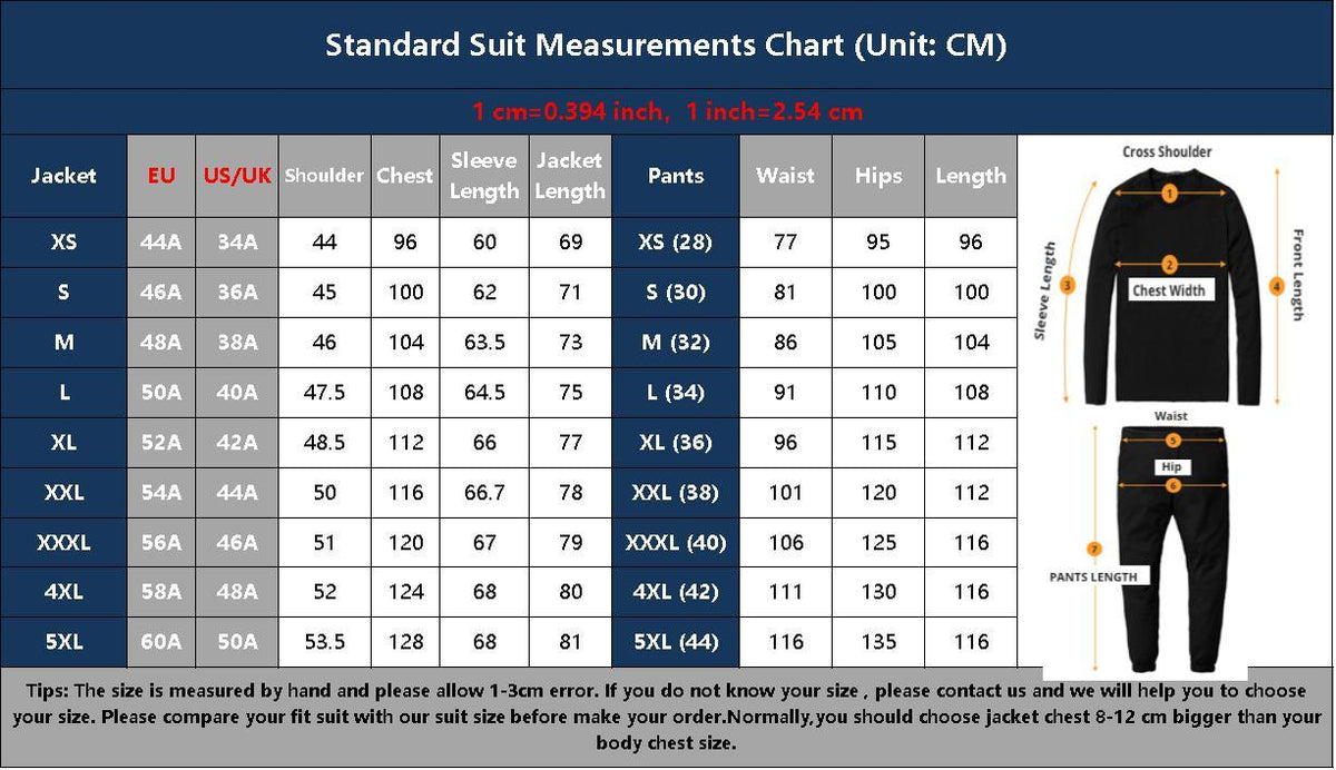 a size guide for a men's suit measurements chart