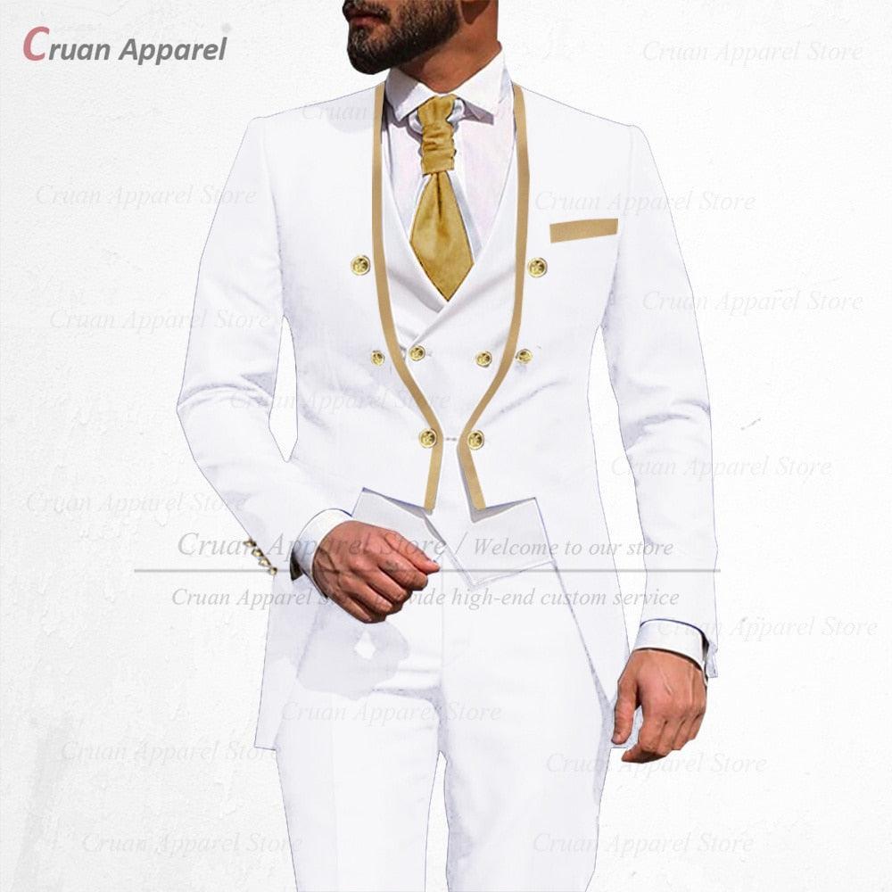 a man in a white suit and gold tie