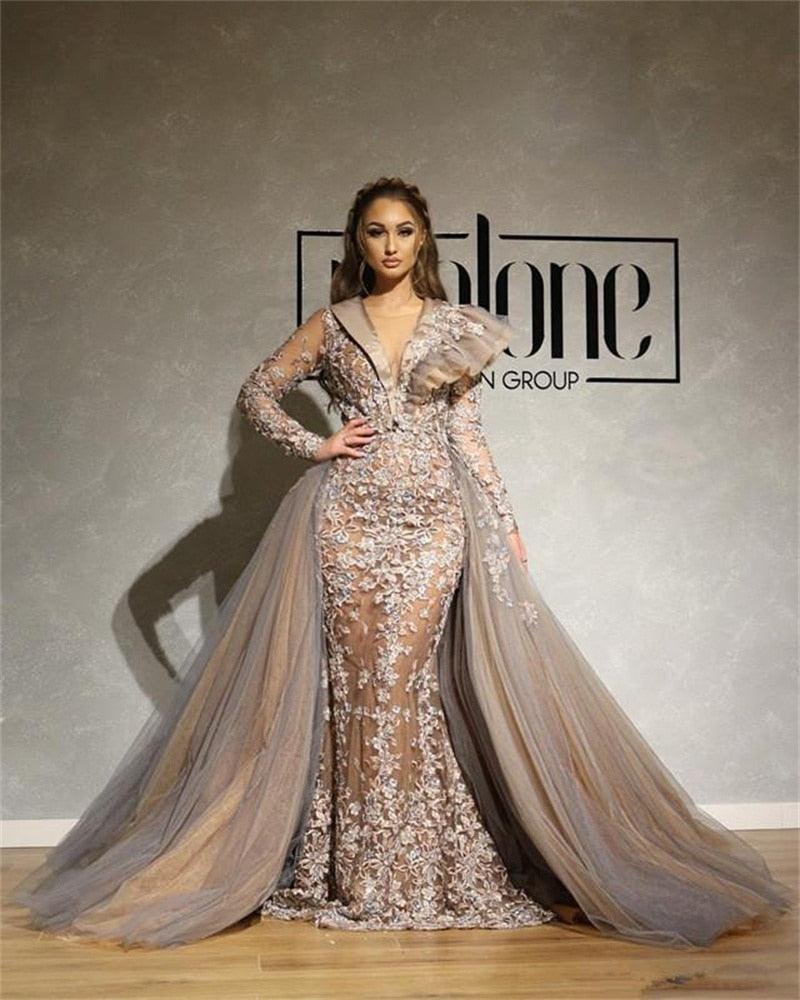 Luxurious Lace Evening Dress Deep V-neck Mermaid Beaded Long Sleeve - Luxurious Weddings