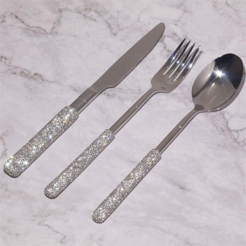 Luxury Diamond Cutlery Stainless Steel Fork Spoon Knife Gold Silver Silverware Tableware Home Kitchen Dinnerware Wedding Supply - Luxurious Weddings