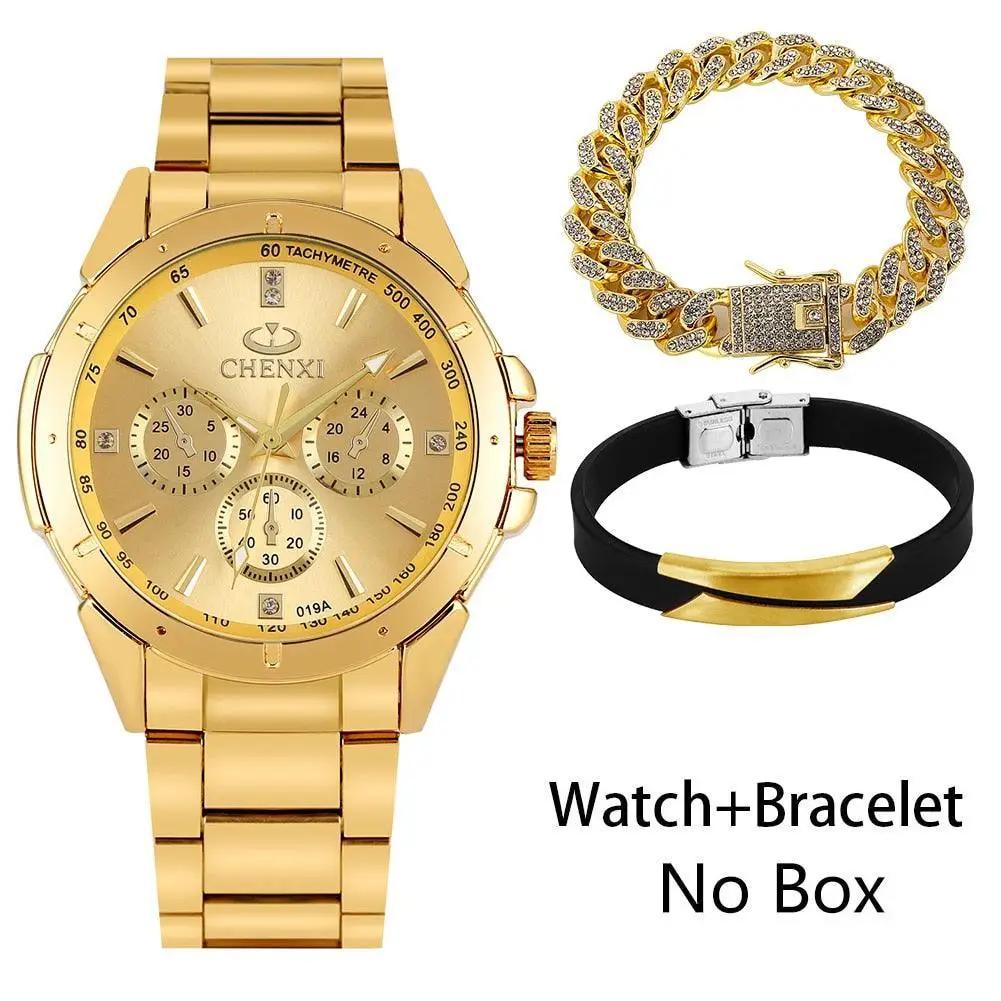 Luxury Premium Gold Watch Set with Box Full Steel Quartz Wristwatch - Luxurious Weddings