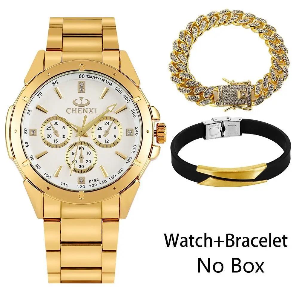 Luxury Premium Gold Watch Set with Box Full Steel Quartz Wristwatch - Luxurious Weddings