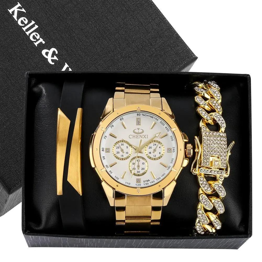 Luxury Premium Gold Watch Set with Box Full Steel Quartz Wristwatch - Luxurious Weddings