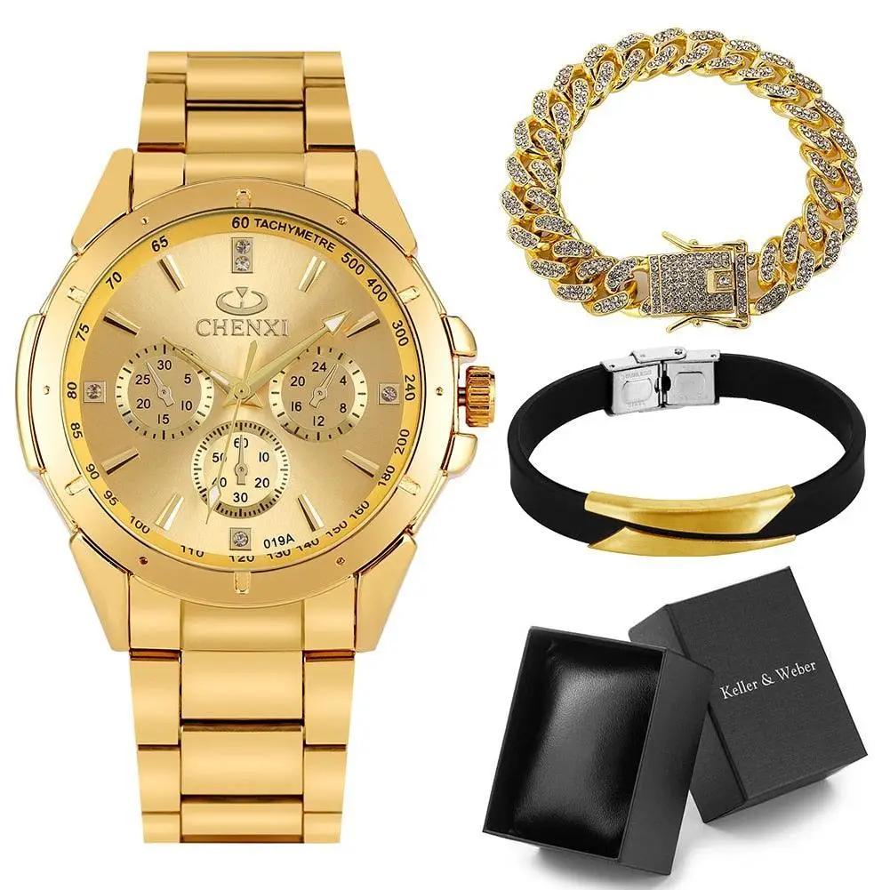 Luxury Premium Gold Watch Set with Box Full Steel Quartz Wristwatch - Luxurious Weddings