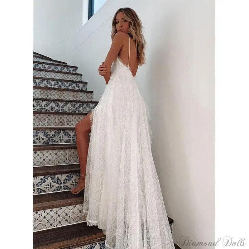 Maxi Dress High Slit Sleeveless V Neck White Lace Dress - Luxurious Weddings