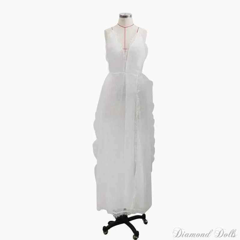 Maxi Dress High Slit Sleeveless V Neck White Lace Dress - Luxurious Weddings
