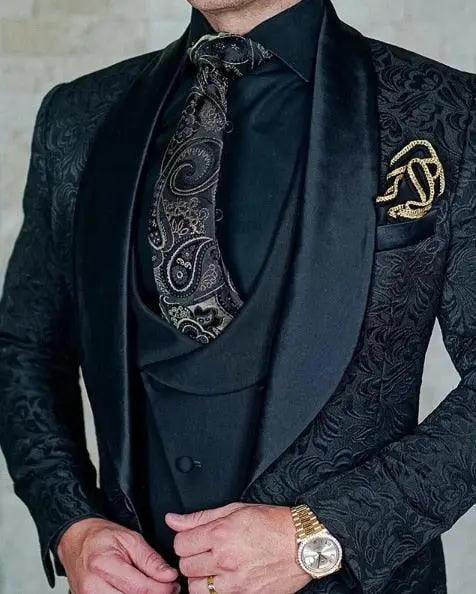 Men’s Suits Gold and Navy Blue Pattern Groom Tuxedos Mens Suits Luxurious Weddings