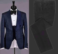 Men Suits Gold and Navy Blue  Pattern Groom Tuxedos - Luxurious Weddings