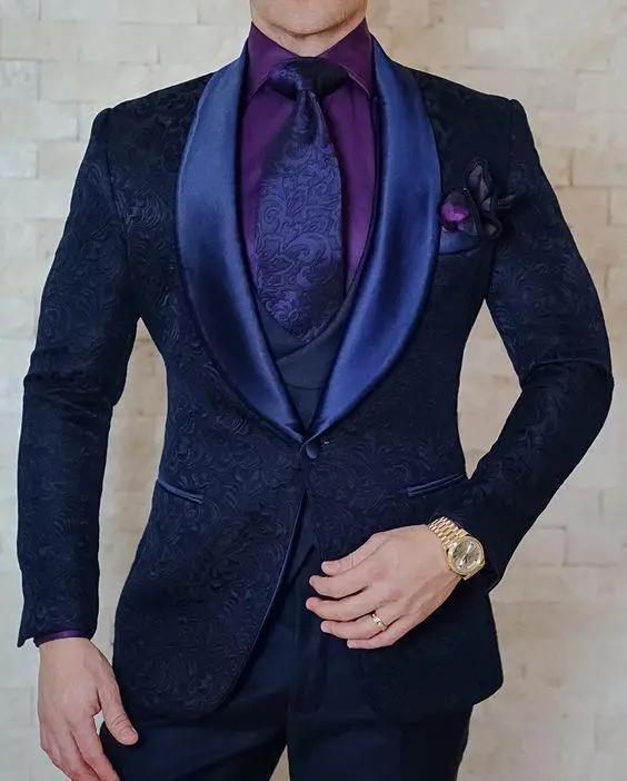 Men Suits Gold and Navy Blue  Pattern Groom Tuxedos - Luxurious Weddings