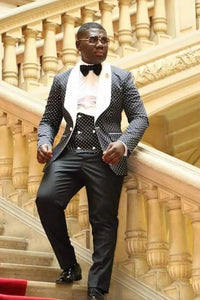 Men Suits Gold and Navy Blue  Pattern Groom Tuxedos - Luxurious Weddings