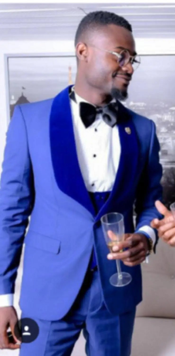 Men Suits Gold and Navy Blue  Pattern Groom Tuxedos - Luxurious Weddings