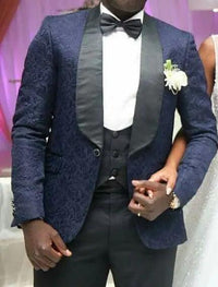 Men Suits Gold and Navy Blue  Pattern Groom Tuxedos - Luxurious Weddings