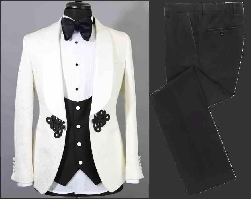 Men Suits Gold and Navy Blue  Pattern Groom Tuxedos - Luxurious Weddings