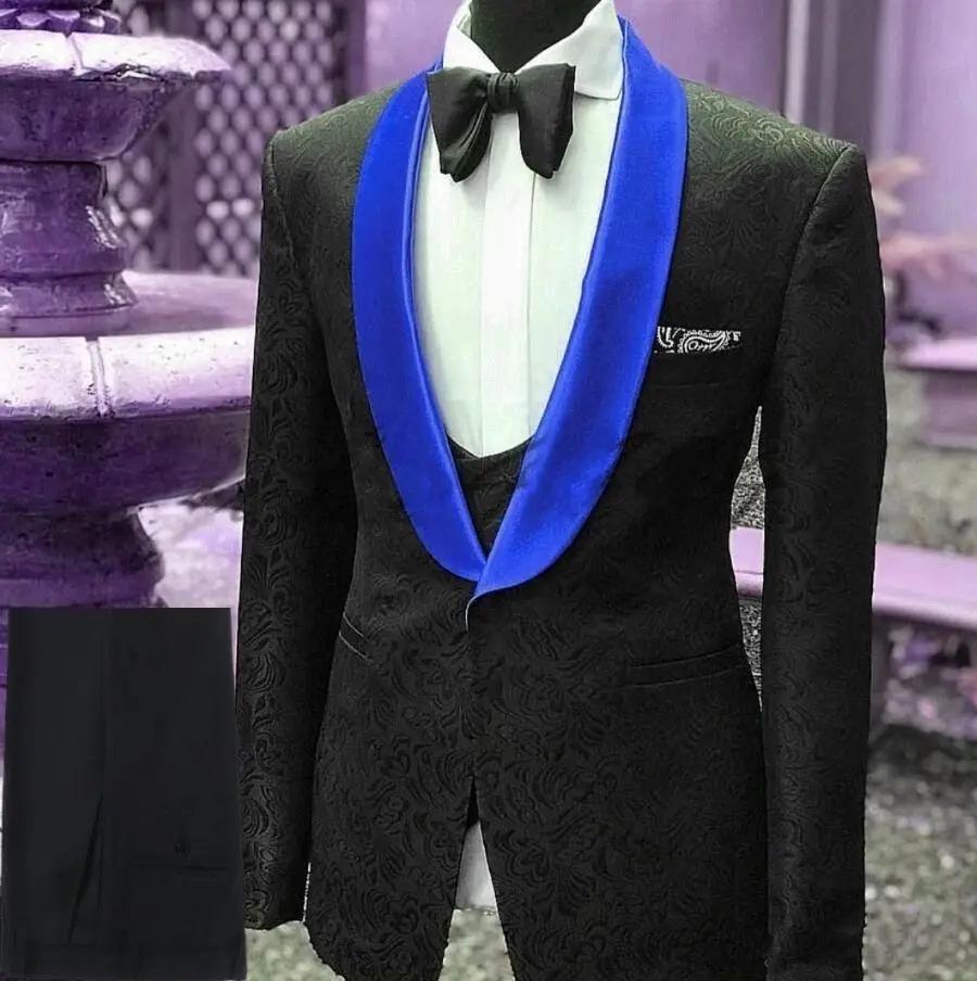 Men Suits Gold and Navy Blue  Pattern Groom Tuxedos - Luxurious Weddings