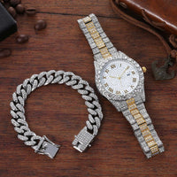 Mens Fashion Bling Watch set diamond-studded bracelet set - Luxurious Weddings