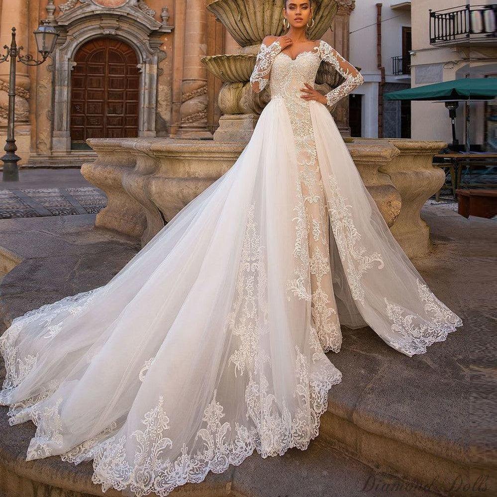 Mermaid  Dress Detachable Train Long Sleeves Bridal Gown - Luxurious Weddings