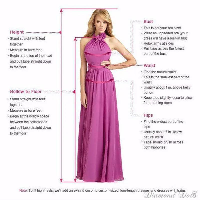a woman in a long purple dress with measurements