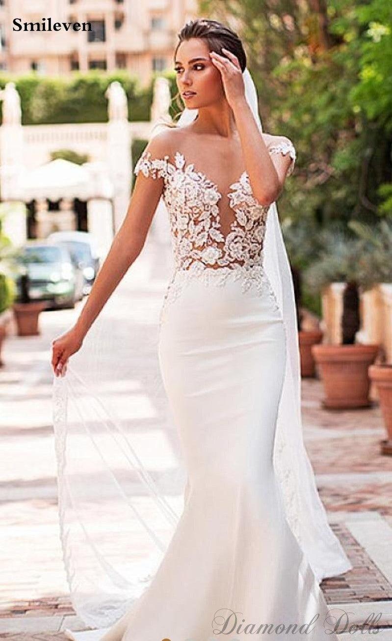 Mermaid Wedding Dress Satin Cap Sleeve Vestido De Noiva - Luxurious Weddings