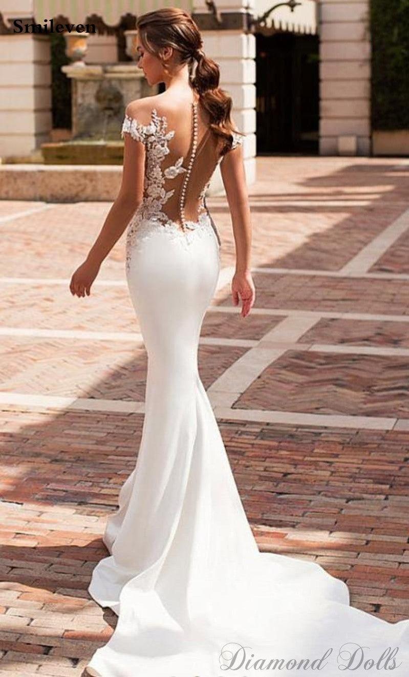 Mermaid Wedding Dress Satin Cap Sleeve Vestido De Noiva - Luxurious Weddings