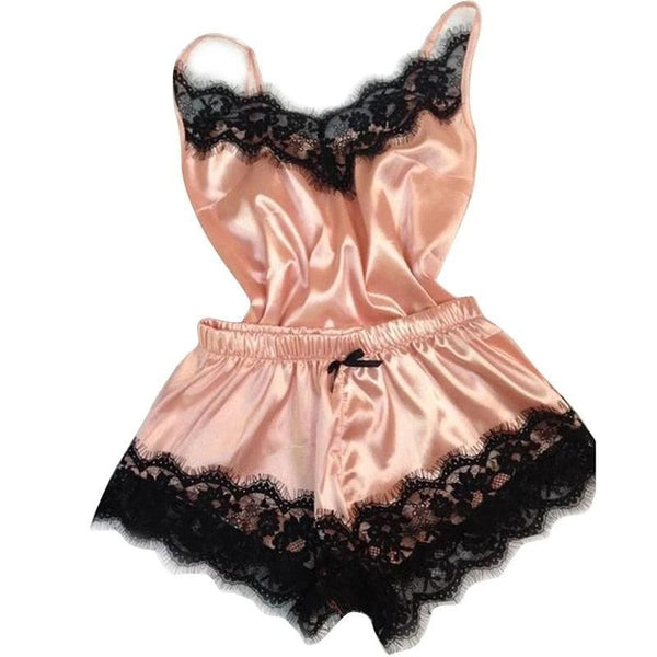 Pajama Set V-Neck Stretch Satin Babydoll Lace - Luxurious Weddings